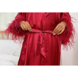 Silk Kimono Robe with Ostrich Feather Trim Long Silk Wedding Bridesmaid Robe - slipintosoft