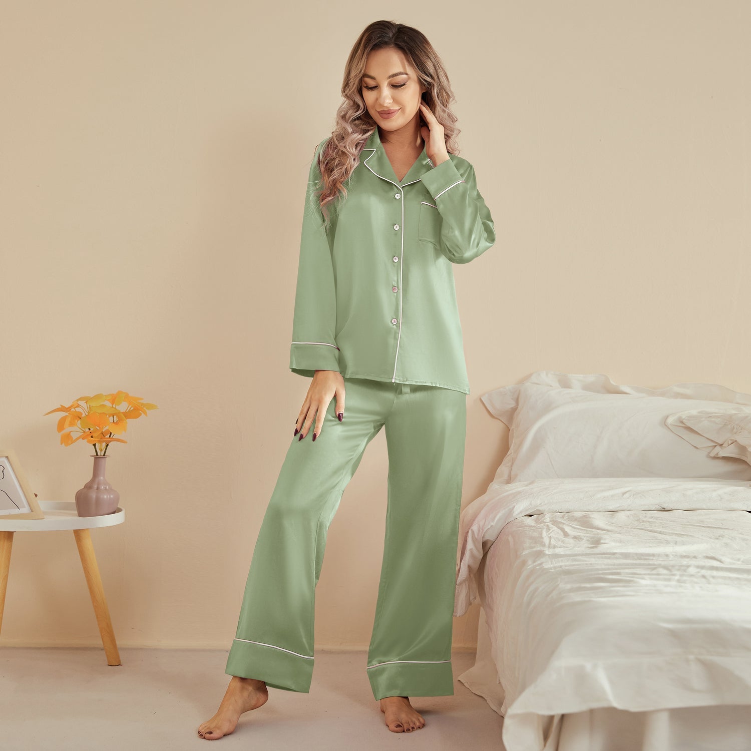 19 Momme Bright Color Long Sleeve Silk Pajamas Pants Set for Women - slipintosoft