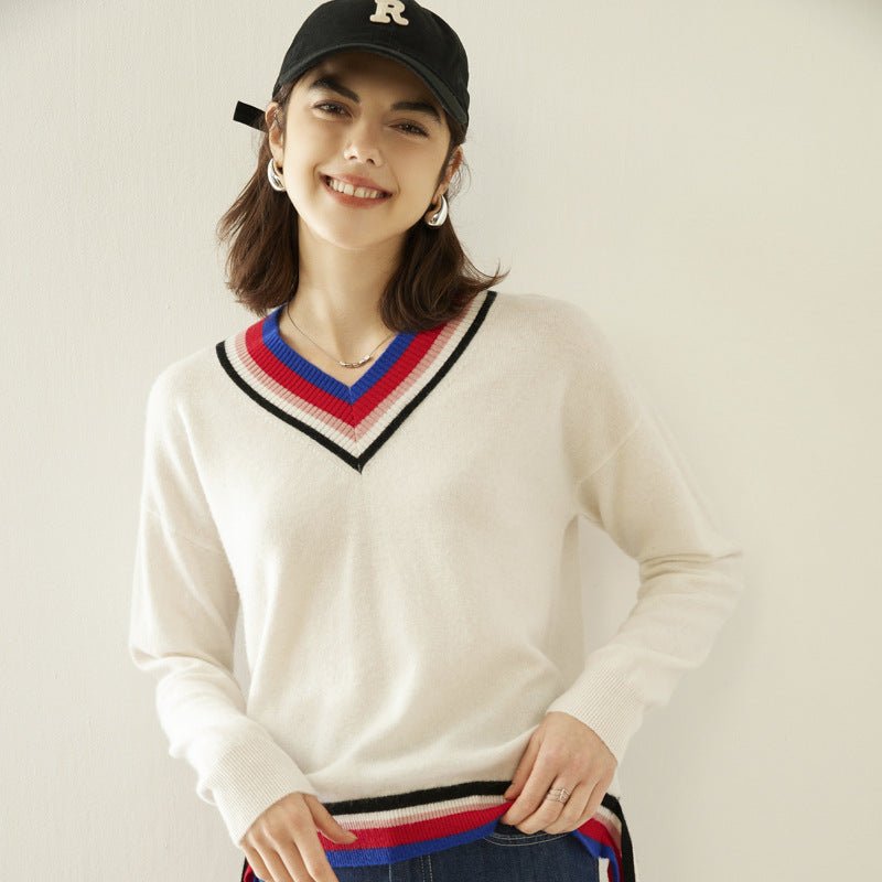 Cashmere Sweater for Women Sweetheart Cashmere Pullover Ribbing Colorful Edge Wool Cashmere Sweater