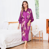 Bata tipo kimono de seda 100% larga con estampado de flores de cerezo y pájaros