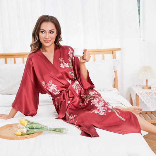 Bata tipo kimono de seda 100% larga con estampado de flores de cerezo y pájaros