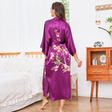 Bata tipo kimono de seda 100% larga con estampado de flores de cerezo y pájaros