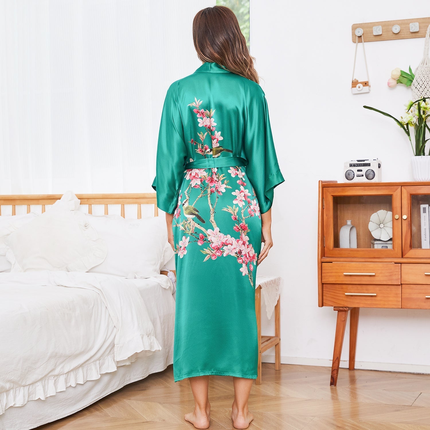 Cherry Blossom And Birds Print 100% Long Silk Kimono Robe - slipintosoft