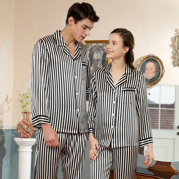 Conjuntos de pijamas de seda a juego para parejas Ropa de dormir de seda para parejas largas a rayas