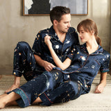 Conjuntos de pijamas de seda para parejas, pijamas de seda estampados universo