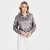 Blusa de seda con hebilla de perlas para mujer elegante camisa de manga larga de seda