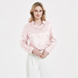 Blusa de seda con hebilla de perlas para mujer elegante camisa de manga larga de seda