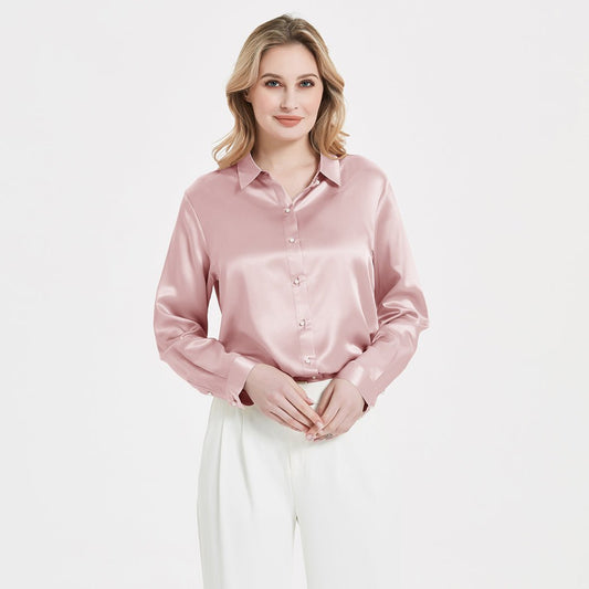 Blusa de seda con hebilla de perlas para mujer elegante camisa de manga larga de seda