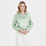 Blusa de seda con hebilla de perlas para mujer elegante camisa de manga larga de seda