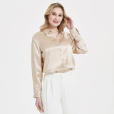 Blusa de seda con hebilla de perlas para mujer elegante camisa de manga larga de seda