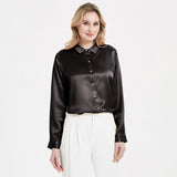 Blusa de seda con hebilla de perlas para mujer elegante camisa de manga larga de seda