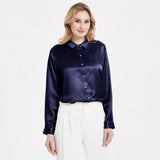 Blusa de seda con hebilla de perlas para mujer elegante camisa de manga larga de seda