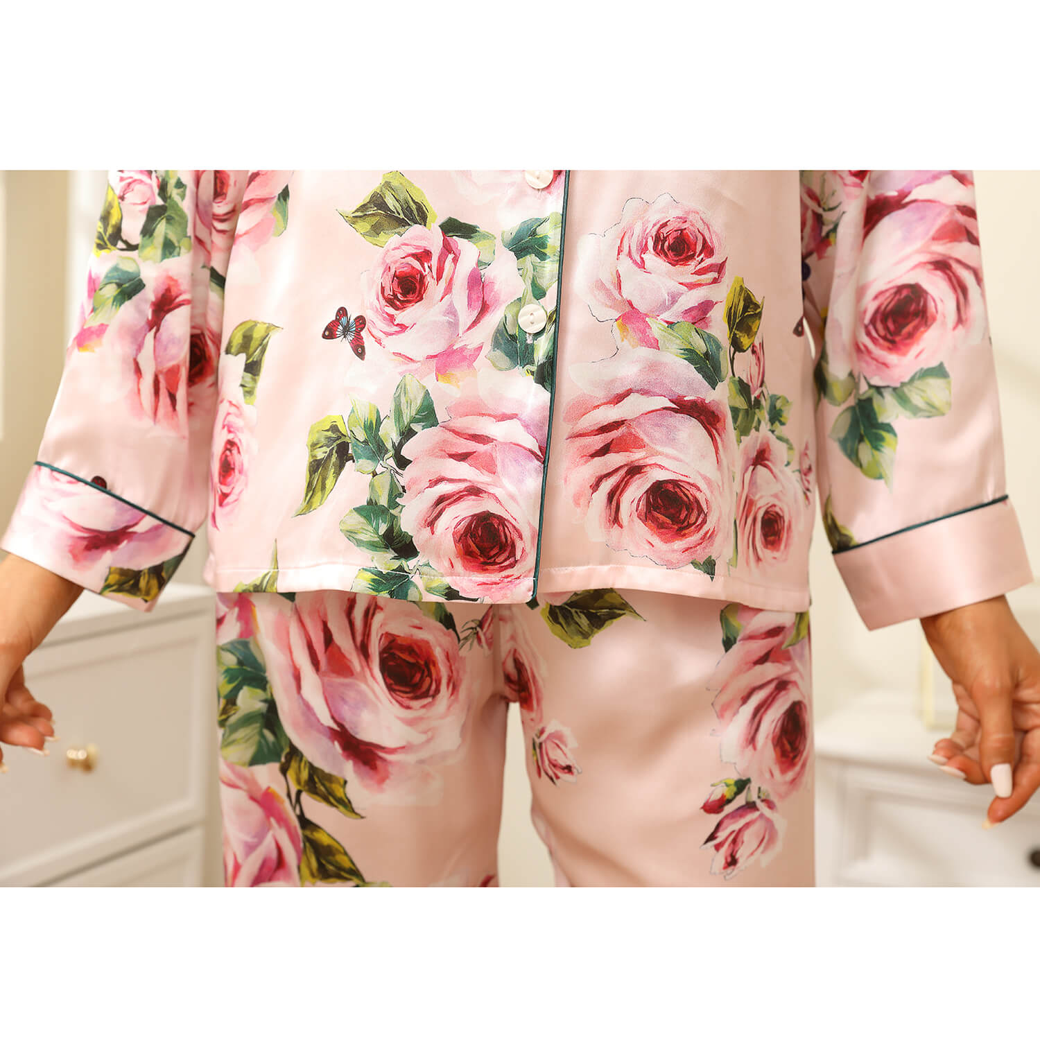 Long Floral Silk Pajama Set For Women Pink Black Real 100 Ladies Silk Pjs Mulberry Silk Sleepwear - slipintosoft