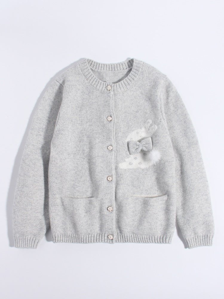 Girls Cashmere Cardigan Bunny Bow Appliqué Cashmere Sweater