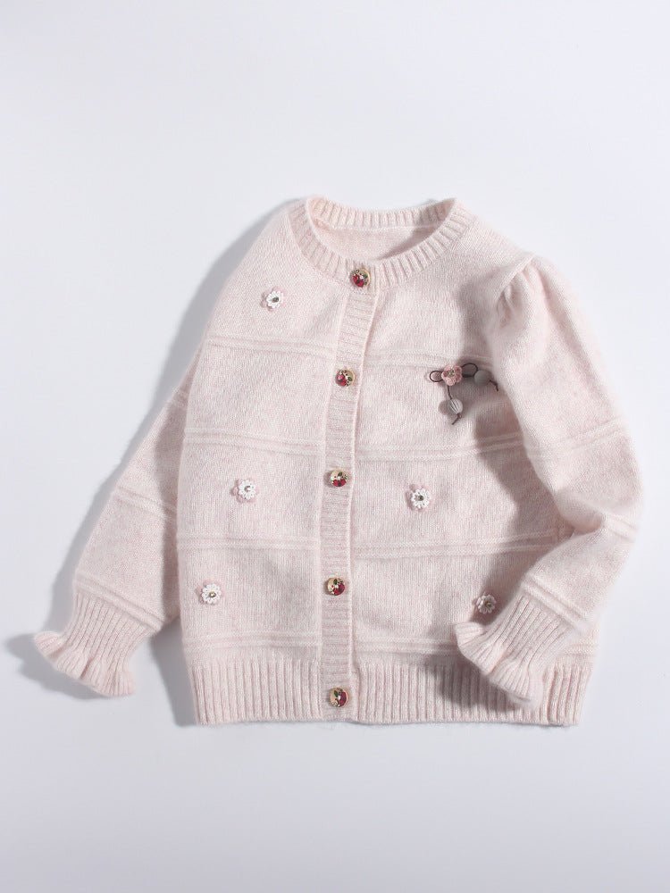 Girls Cashmere Cardigan Embroidered Mouse Floral Accents Cashmere Sweater