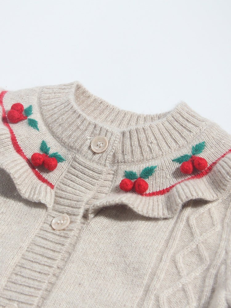Girls Cashmere Cardigan Ruffled Cherry Embroidered Neck Cashmere Sweater