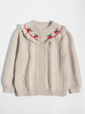 Girls Cashmere Cardigan Ruffled Cherry Embroidered Neck Cashmere Sweater