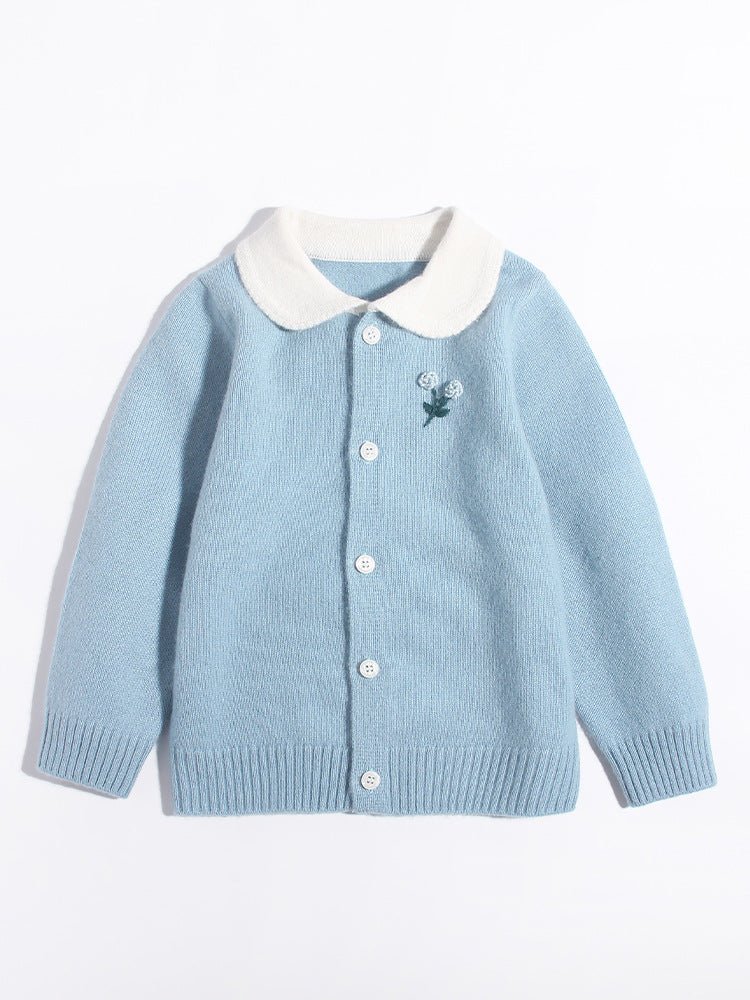 Girls Cashmere Cardigan White Collar Floral Embroidery Cashmere Sweater