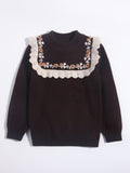 Girls Cashmere Sweater Floral Embroidery Lace Trim Kids Cashmere Pullover