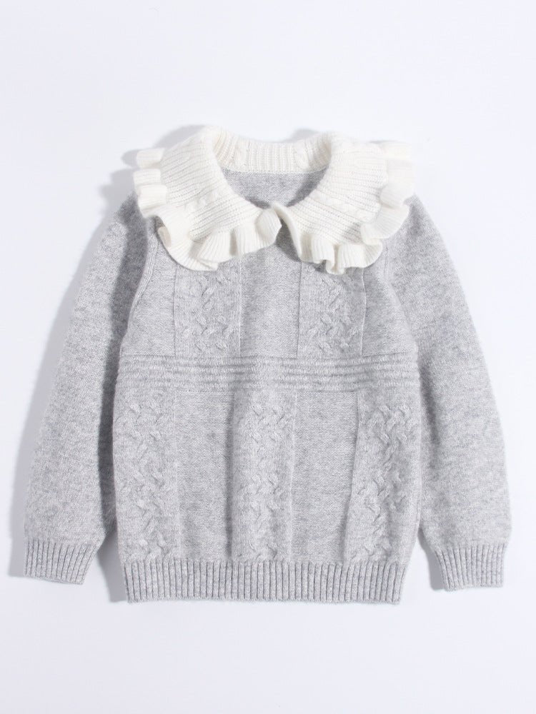 Girls Cashmere Sweater White Ruffled Collar Kids Cashmere Knit Pullover