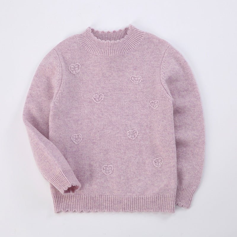 Girls Heart Patterned Cashmere Sweater Cashmere Pullover Scalloped Edge