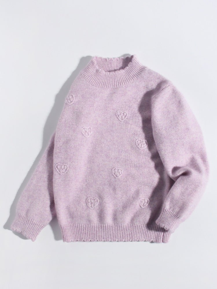 Girls Heart Patterned Cashmere Sweater Cashmere Pullover Scalloped Edge