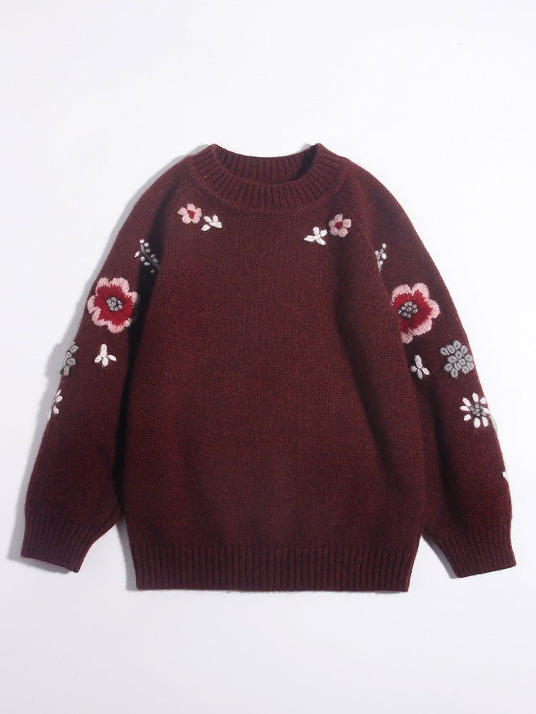 Girls Pure Cashmere Sweater Floral Embroidery Kids Cashmere Pullover