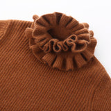 Girls Ruffle Neck Cashmere Sweater Ribbed Knit Pullover Flared Cuffs