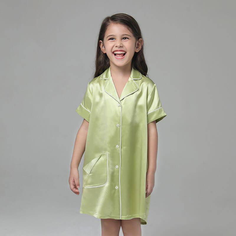 19 Momme Kid's Silk Nightshirt Girls Fashion Sleep Shirt with Pocket White Piping -  slipintosoft