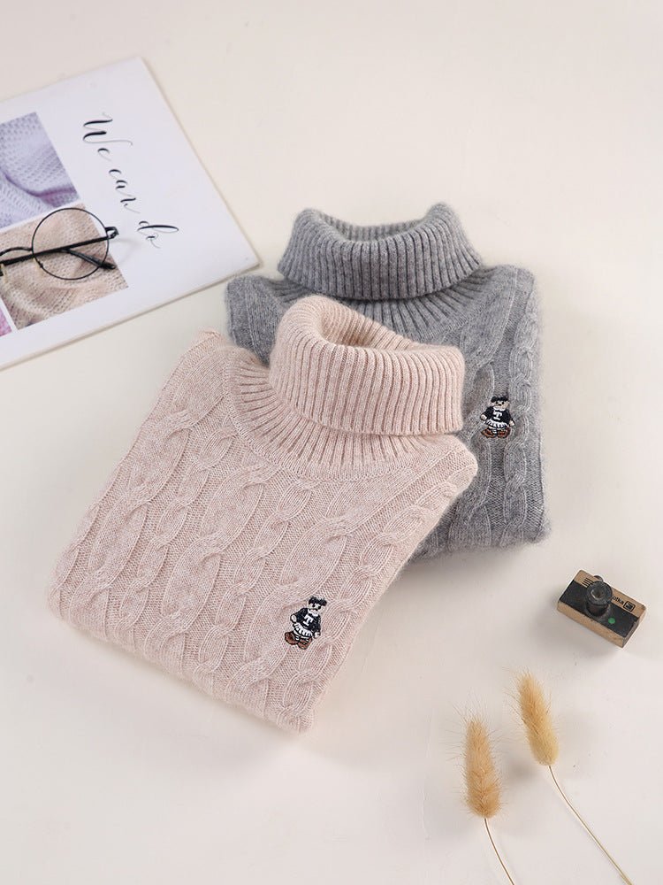 Kids Cable Knit Cashmere Sweater Turtleneck Crest Patch Cashmere Pullover