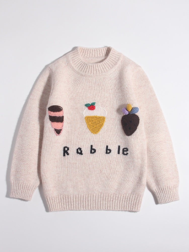 Kids Cashmere Sweater 3D Dessert Motifs Cashmere Pullover Ribbing Edge