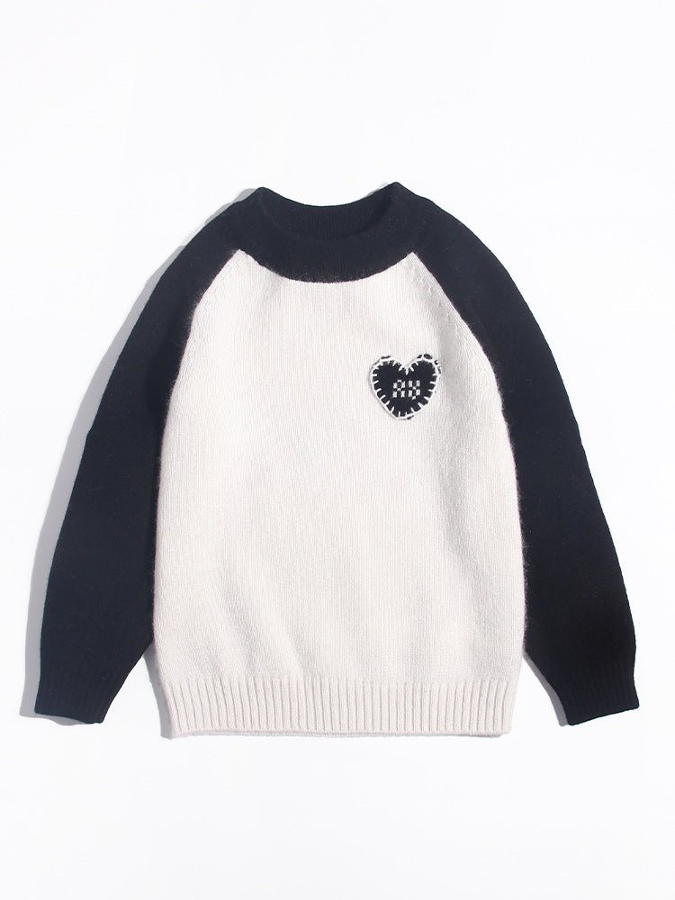 Kids Cashmere Sweater Black and White with Stitched Heart Design Cashmere Knit Pullover