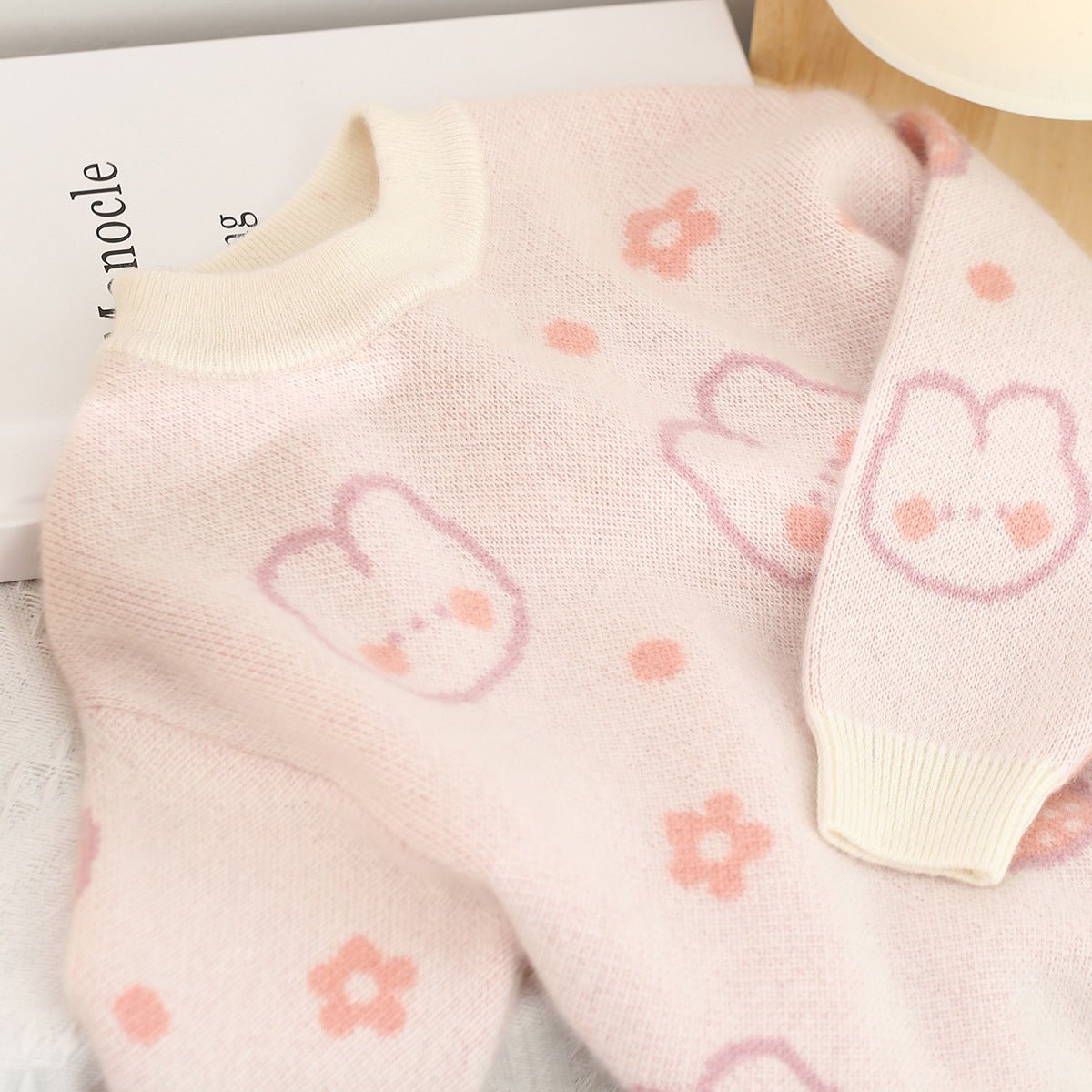 Kids Cashmere Sweater Bunny Strawberry Print Cashmere Knit Pullover