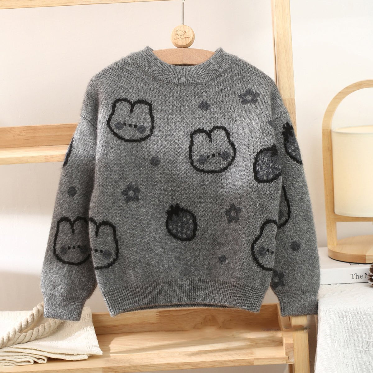 Kids Cashmere Sweater Bunny Strawberry Print Cashmere Knit Pullover