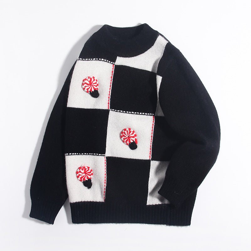 Kids Cashmere Sweater Checkerboard Knit Red Swirl Accents Cashmere Pullover
