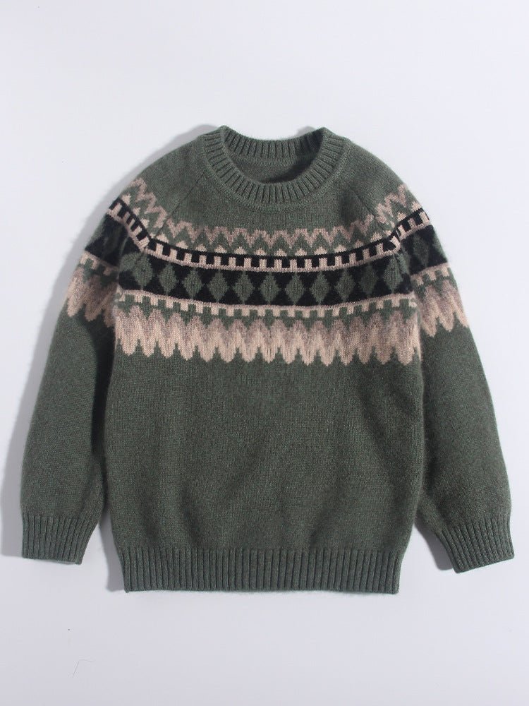 Kids Cashmere Sweater Nordic Fair Isle Pattern Crew Neck Cashmere Pullover