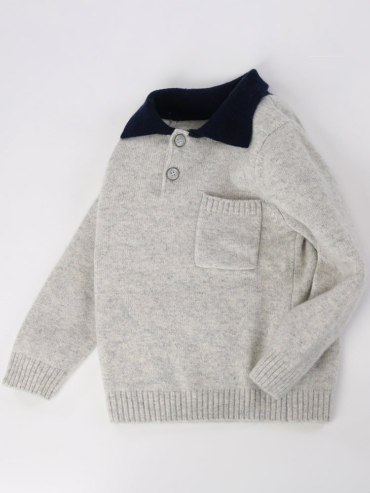 Kids Pure Cashmere Sweater with Pocket Polo Neck Cashmere Pullover