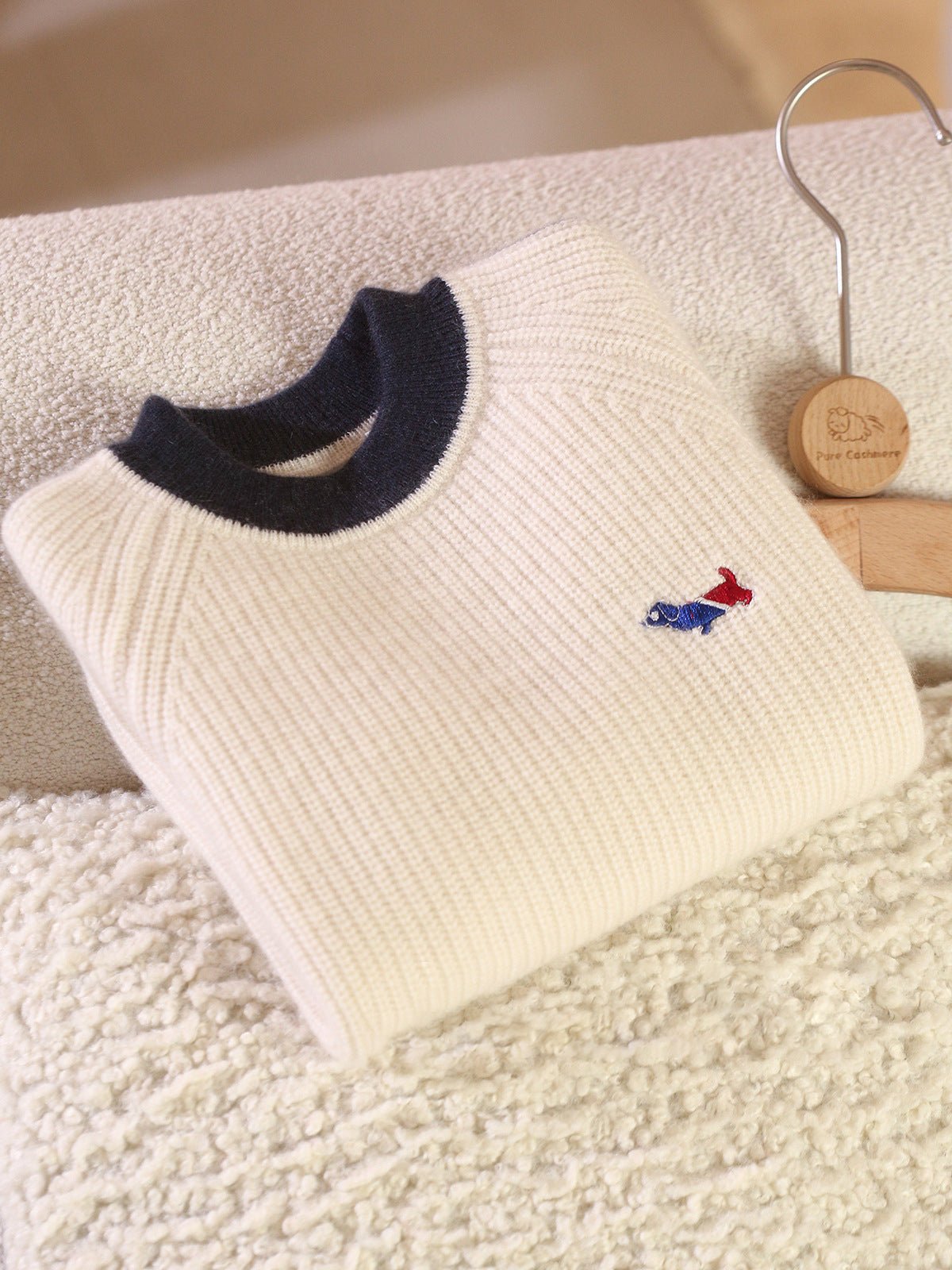 Kids Ribbed Cashmere Sweater Navy Trim Patch Detail Cashmere Pullover