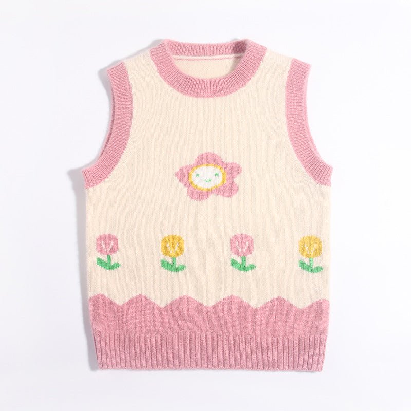 Kids Sleeveless Knit Vest Smiling Flower and Tulip Cashmere Sweater