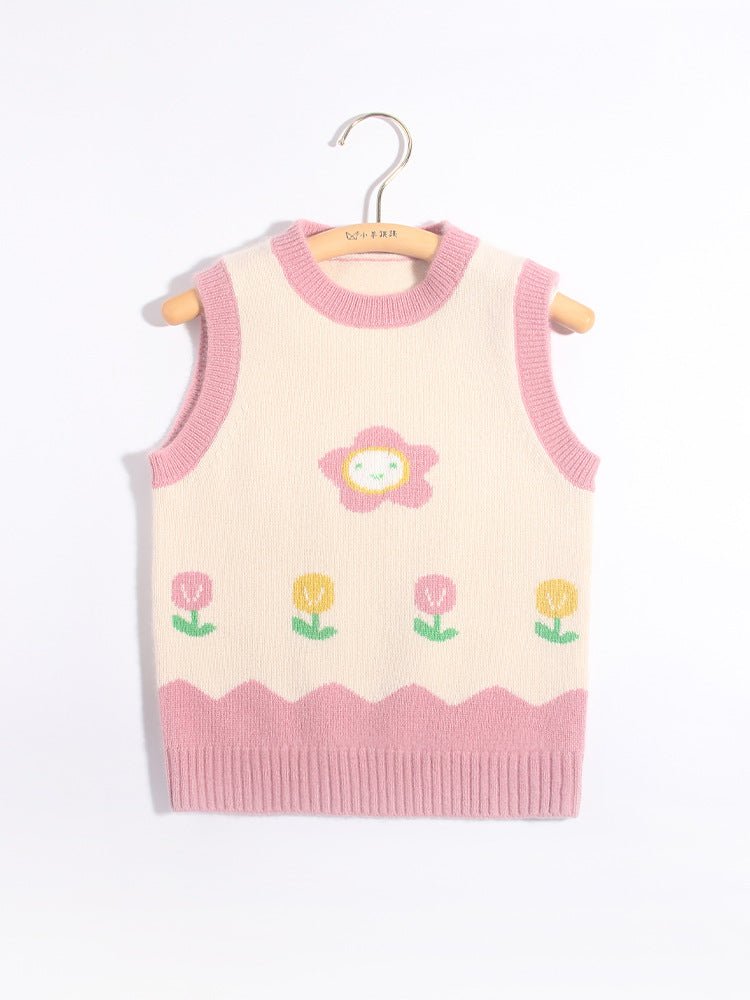 Kids Sleeveless Knit Vest Smiling Flower and Tulip Cashmere Sweater
