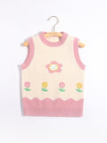 Kids Sleeveless Knit Vest Smiling Flower and Tulip Cashmere Sweater