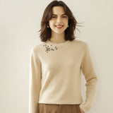 Ladies Crew Neck Cashmere Sweater Long Sleeve Embroidery Petal Cashmere Tops Wool Cashmere Sweater