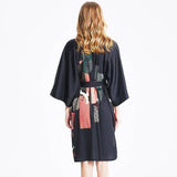 Ladies' 100% Mulberry Short Silk Kimono Robe with Belt Black Handpainted for Women All Sizes -  slipintosoft