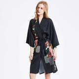 Ladies' 100% Mulberry Short Silk Kimono Robe with Belt Black Handpainted for Women All Sizes -  slipintosoft