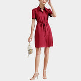 Summer Short Sleeves Silk Dresses 100% Pure Mulberry Silk Shirt Dress Ladies Button Dress - slipintosoft