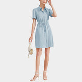 Summer Short Sleeves Silk Dresses 100% Pure Mulberry Silk Shirt Dress Ladies Button Dress - slipintosoft