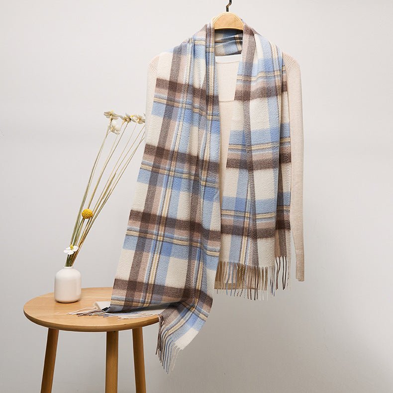 Long Plaid Cashmere Scarf With Tassel Winter Warps With Fringe