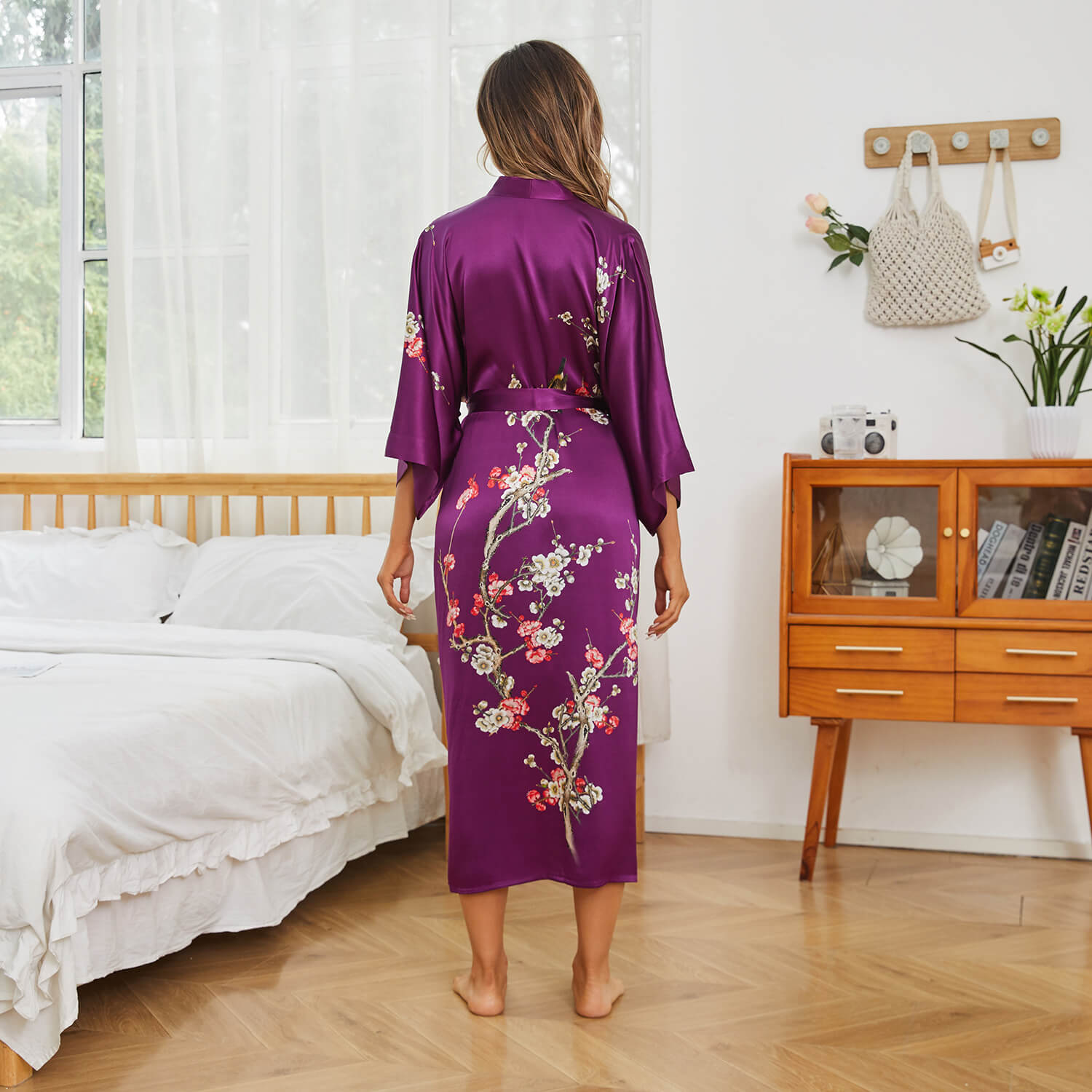 Long Silk Kimono for Women Cherry Blossom Printing Ladies Luxury Mulberry Silk Robe - slipintosoft