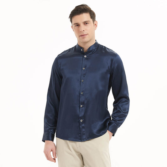 Camisa de seda de lujo para hombres Tops de seda de manga larga sin cuello