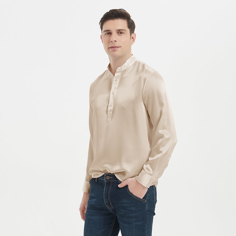 Luxury Silk Henley Shirts for Men Pure Silk Stand Collar Top